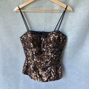 VTG Cache Luxe Medium Full Sequin Gold Copper Corset Top Bling Maximalist M